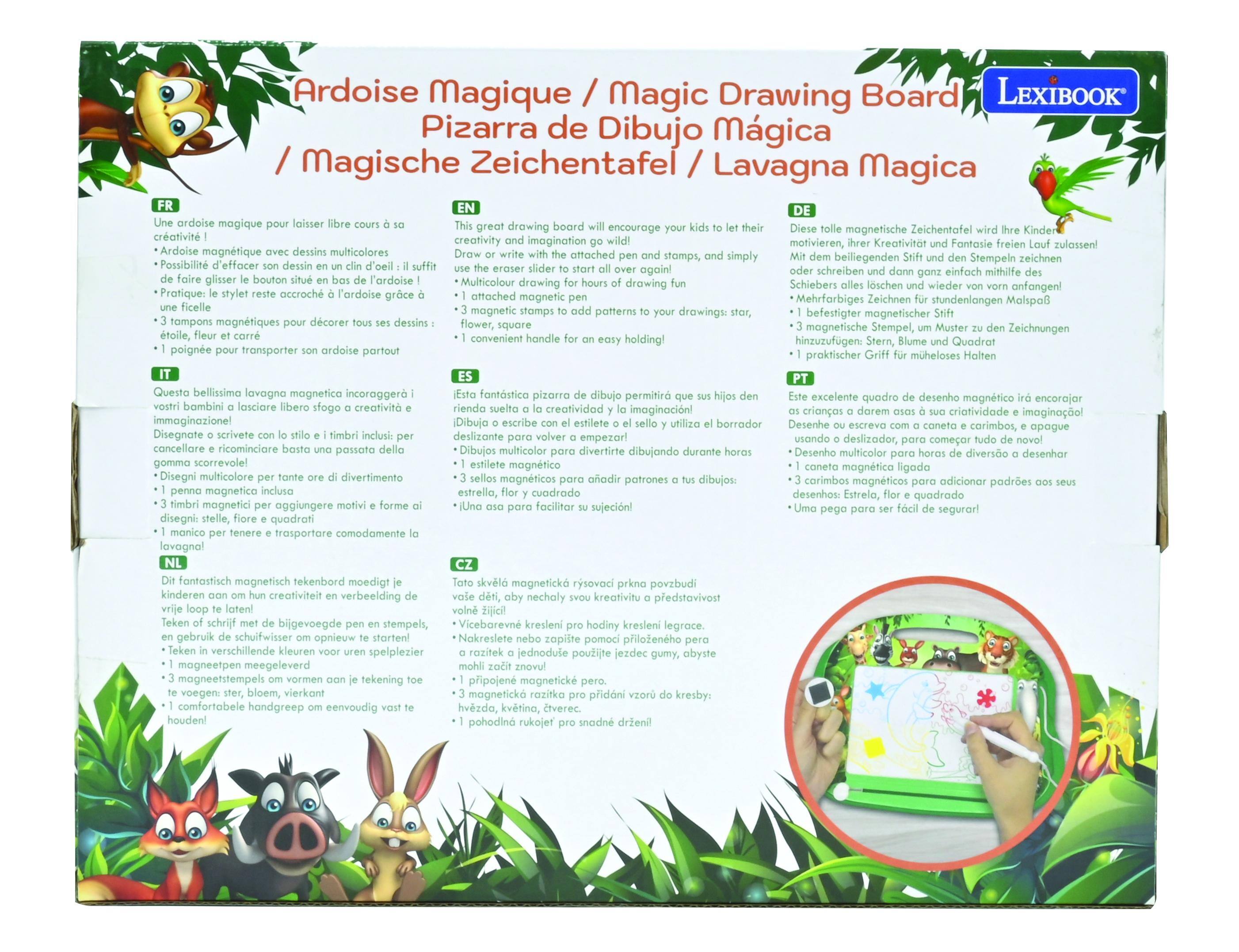Ardoise Magique / Magic Drawing Board  
Pizarra de Dibujo Mágica  
Magische Zeichentafel / Lavagna Magica  

FR:  
Une ardoise magique pour laisser libre cours à sa créativité !  
- Ardoise magnétique avec dessins multicolores  
- Possibilité de dessiner et effacer à volonté  
- Pratique : le stylet reste attaché à l'ardoise grâce à un aimant  
- 3 tampons magnétiques pour décorer ses dessins : étoile, fleur et carré  
- 1 poignée pour transporter son ardoise partout  

IT:  
Questa bellissima lavagna magnetica incoraggerà i vostri bambini a lasciare libera la loro creatività e immaginazione!  
Disegnate o scrivete con lo stilettino e i tappi inclusi; per cancellare e ricominciare basta una passata della gomma scorrevole!  
Disegni multicolore per fare divertimento!  

EN:  
This great drawing board will encourage your kids to let their creativity and imagination run wild