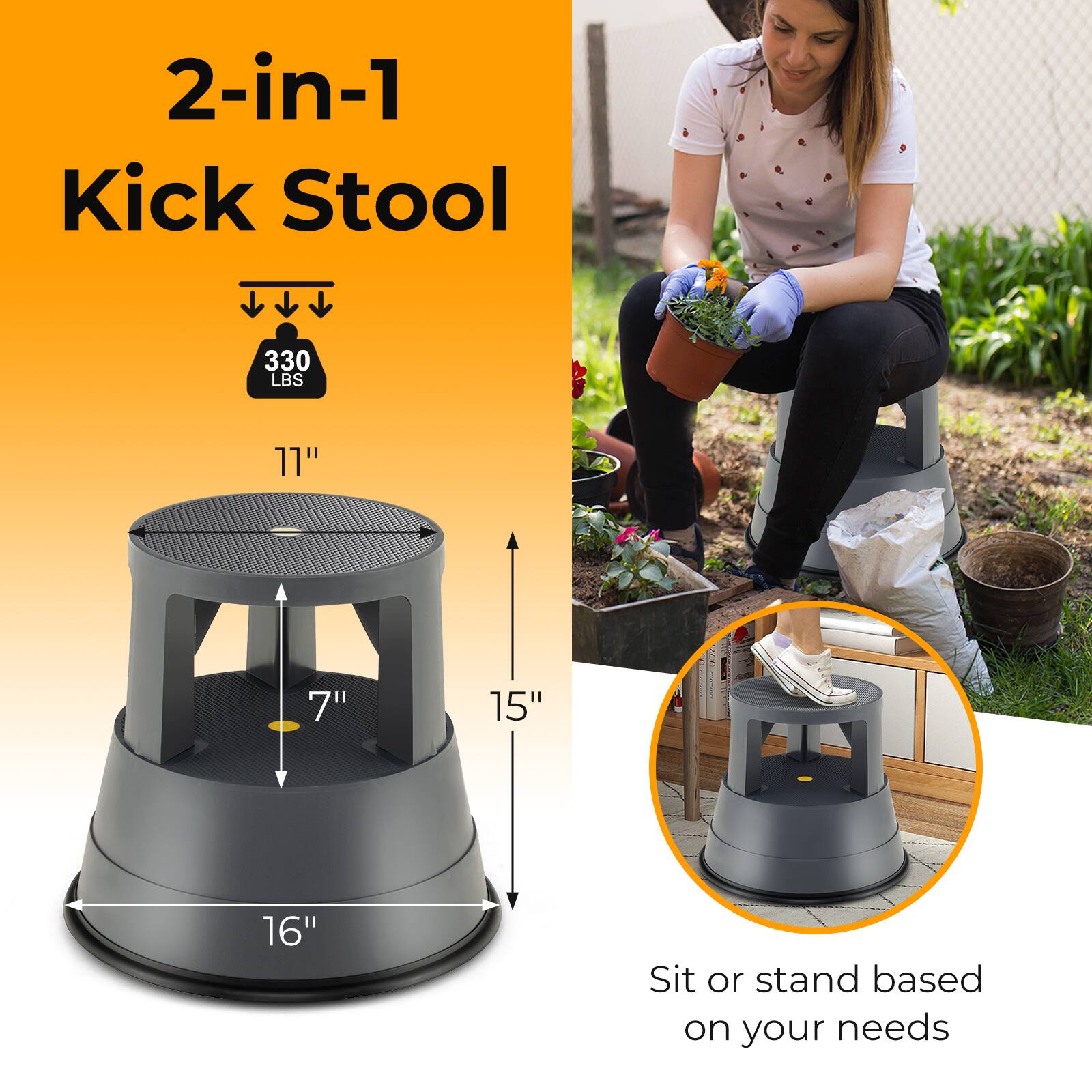 2-in-1 Kick Stool 330 LBS 11" 7" 15" 16" Sit or stand based on your needs