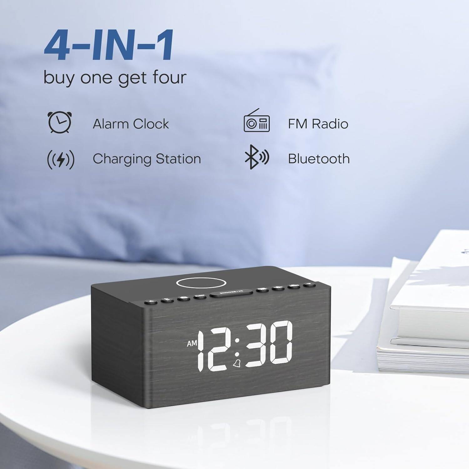 4-IN-1  
buy one get four  

Alarm Clock  
FM Radio  
Charging Station  
Bluetooth  

AM 12:30