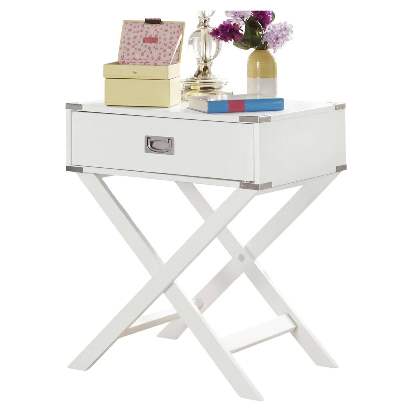 Front. SlickBlue - Bedroom Nightstand End Table with 1 Drawer, Modern Design - White.