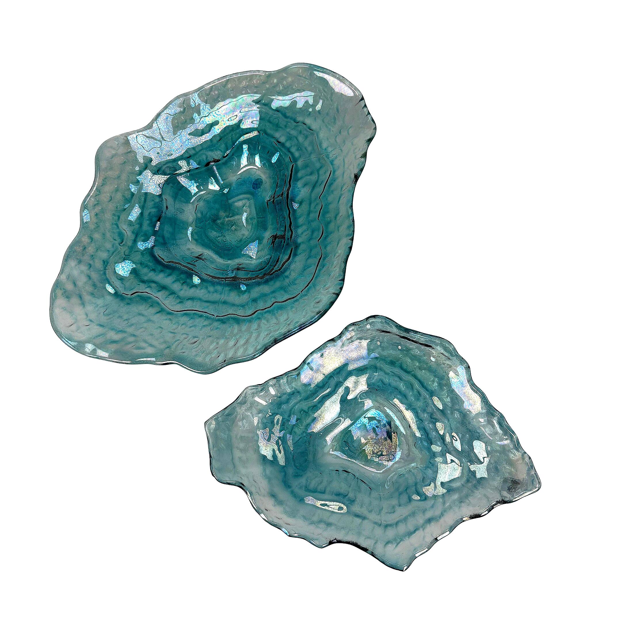 Alt View 8. Things2Die4 - Set of 2 Oyster Shaped Decorative Plates Blue Iridescent Glass 13 In - Blue.