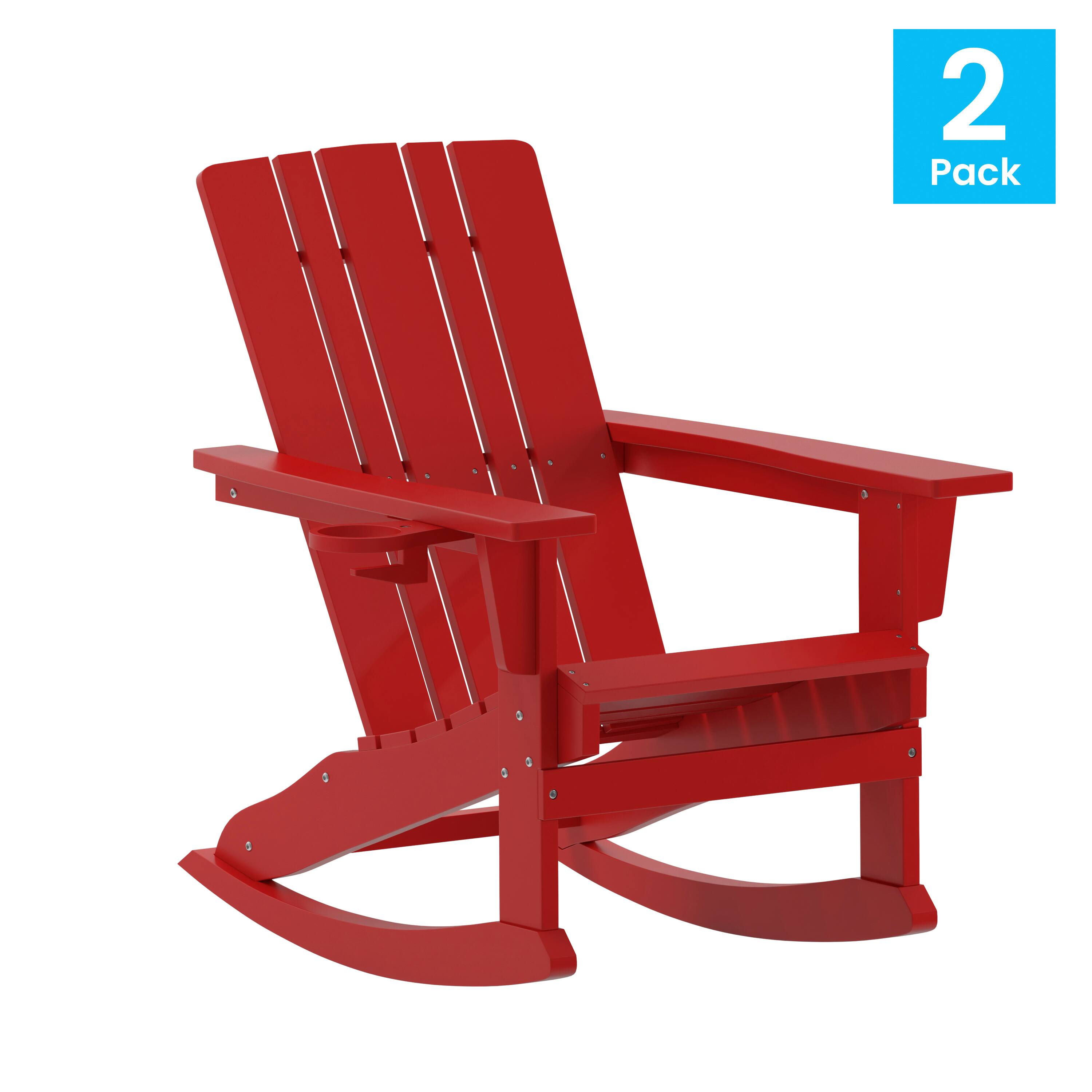 Alt View 1. Emma + Oliver - Haley Set of 2 Adirondack Rocking Chairs with Cup Holders, Weather Resistant HDPE Adirondack Rocking Chairs - Red.