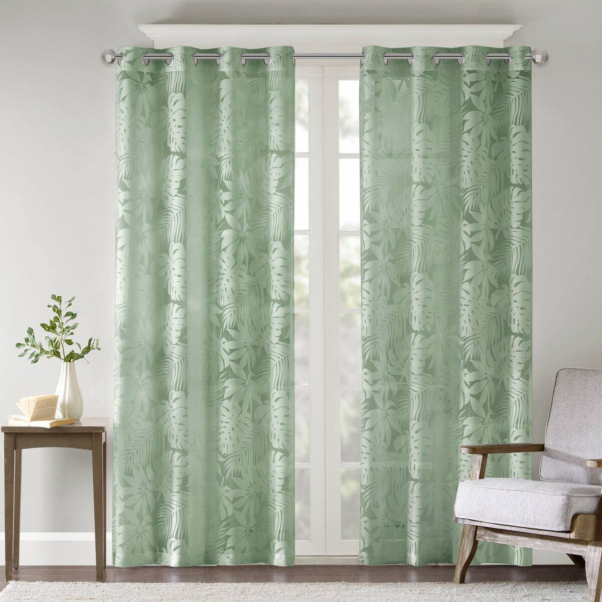 Front. BreeBe - Palm Leaf Burnout Window Sheer Sage Green 50x95' - Sage Green.
