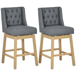 Homcom - Bar Stools Set of 2, 180 Degree Swivel Barstools with Solid Wood Footrests and Button Tufted Design - Gray