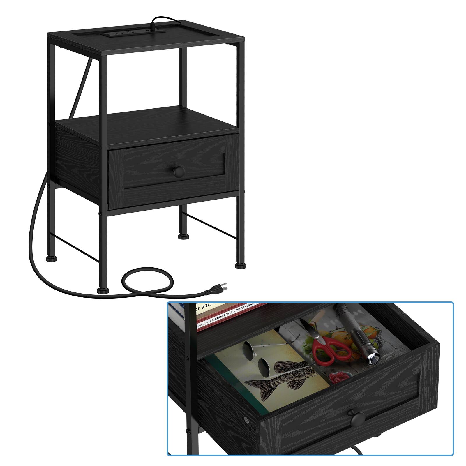 Back. Oumilen - Black Nightstand with Charging Station & LED Light, Industrial End Table with Drawer & Shelf - Black.