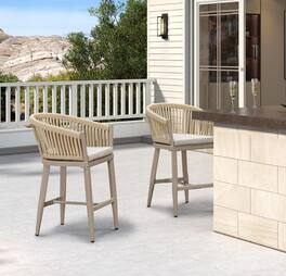 PURPLE LEAF - Outdoor Counter/Bar Height Stools Set of 2 Rattan Wicker Bar Chairs Woven Aluminum Barstools with Back and Cushions - Champagne-Counter Stool