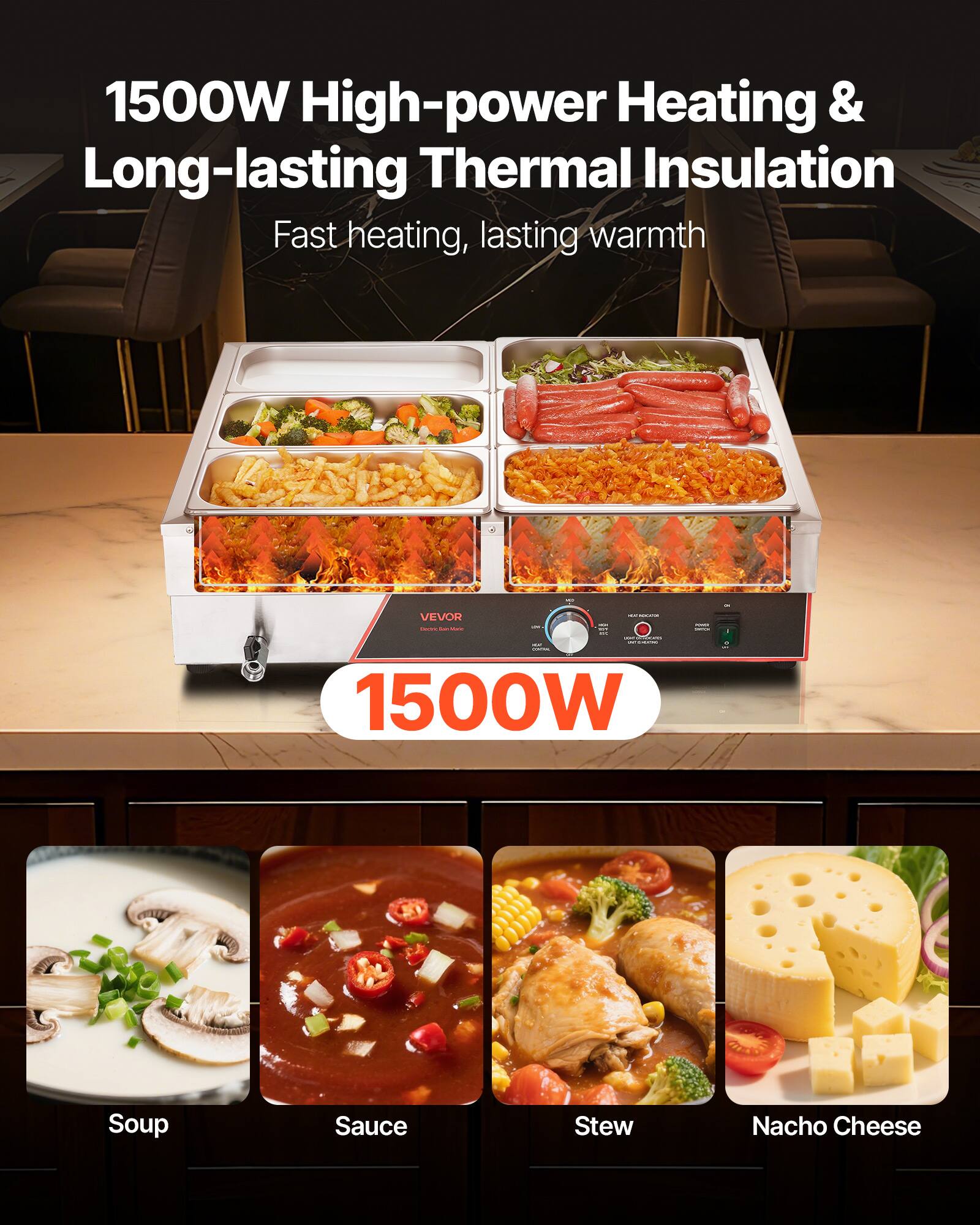 1500W High-power Heating & Long-lasting Thermal Insulation  
Fast heating, lasting warmth

---

VEVOR news Service

---

1500W

---

Soup  
Sauce  
Stew  
Nacho Cheese
