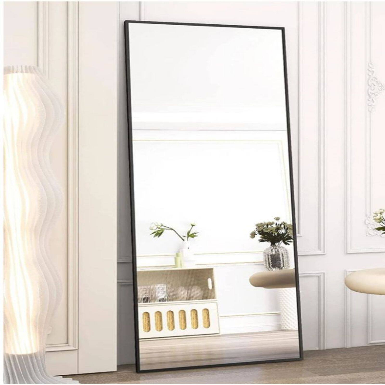 Left. HOMLUX - Full Length Rectangle Floor Mirror Black Aluminum Frame Free Standing Wall Mount for Bedroom Entryway.