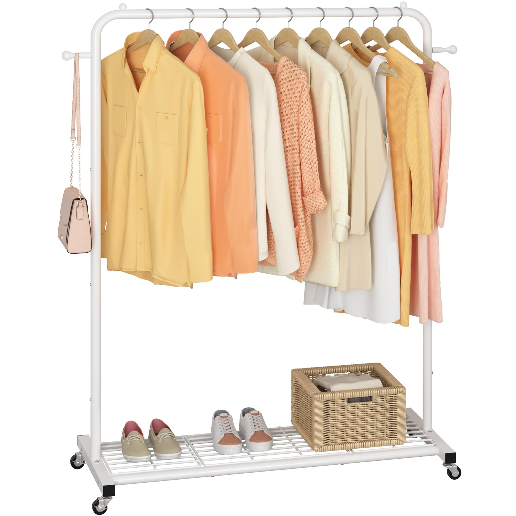 ThinkLink Electronic - Clothes Rack On Wheels Clothing With Bottom Mesh Storage Shelf Sturdy Metal Frame Rolling Garment For Hanging - White