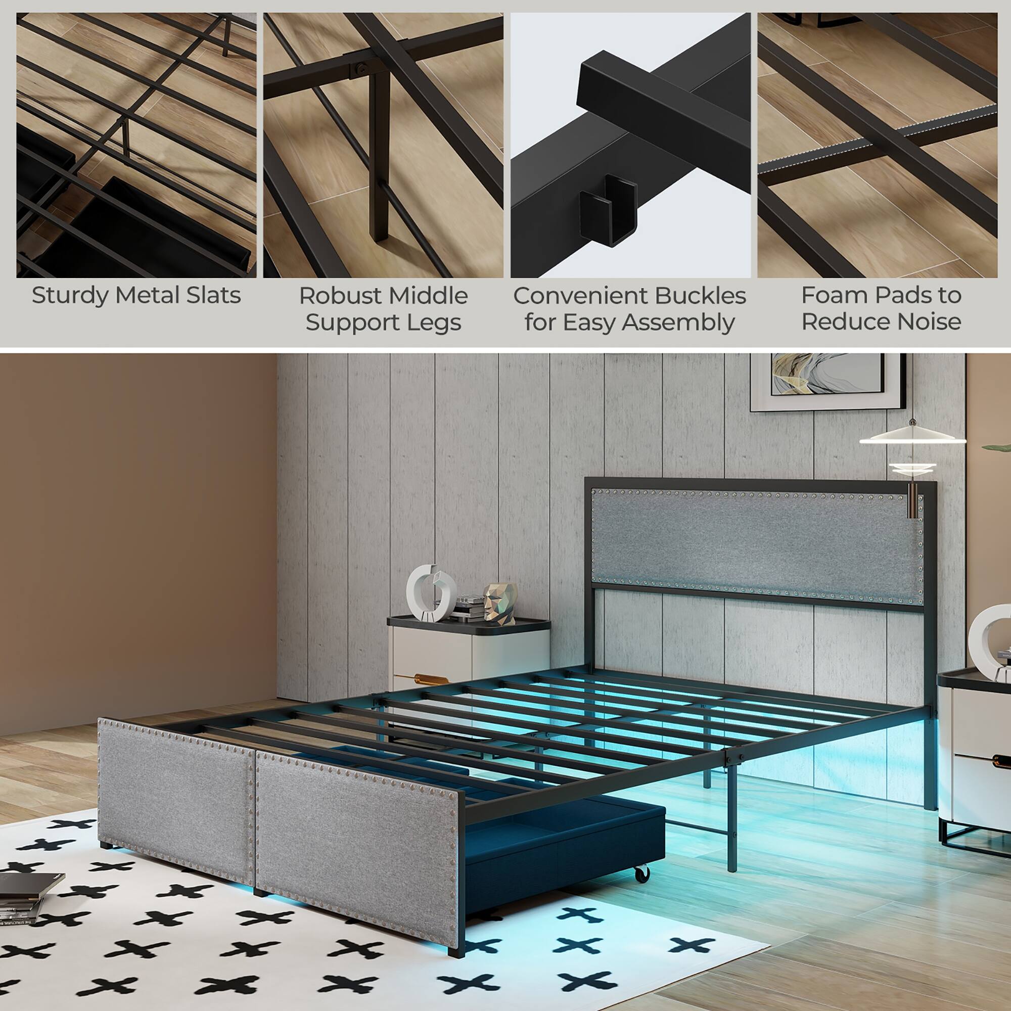 - Sturdy Metal Slats
- Robust Middle Support Legs
- Convenient Buckles for Easy Assembly
- Foam Pads to Reduce Noise