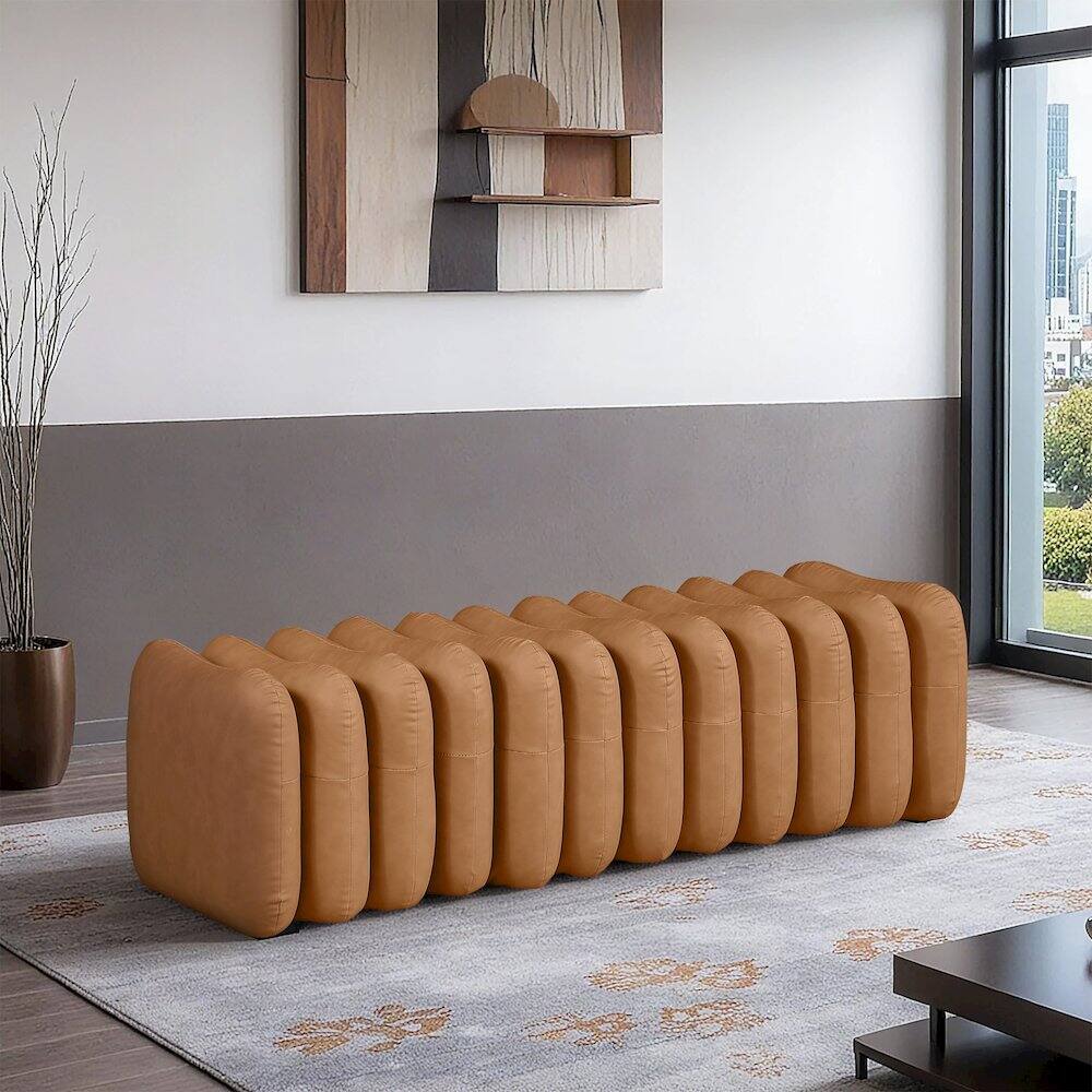 Alt View 1. Meridian Furniture - Atticus Cognac Vegan Leather Bench - Brown.