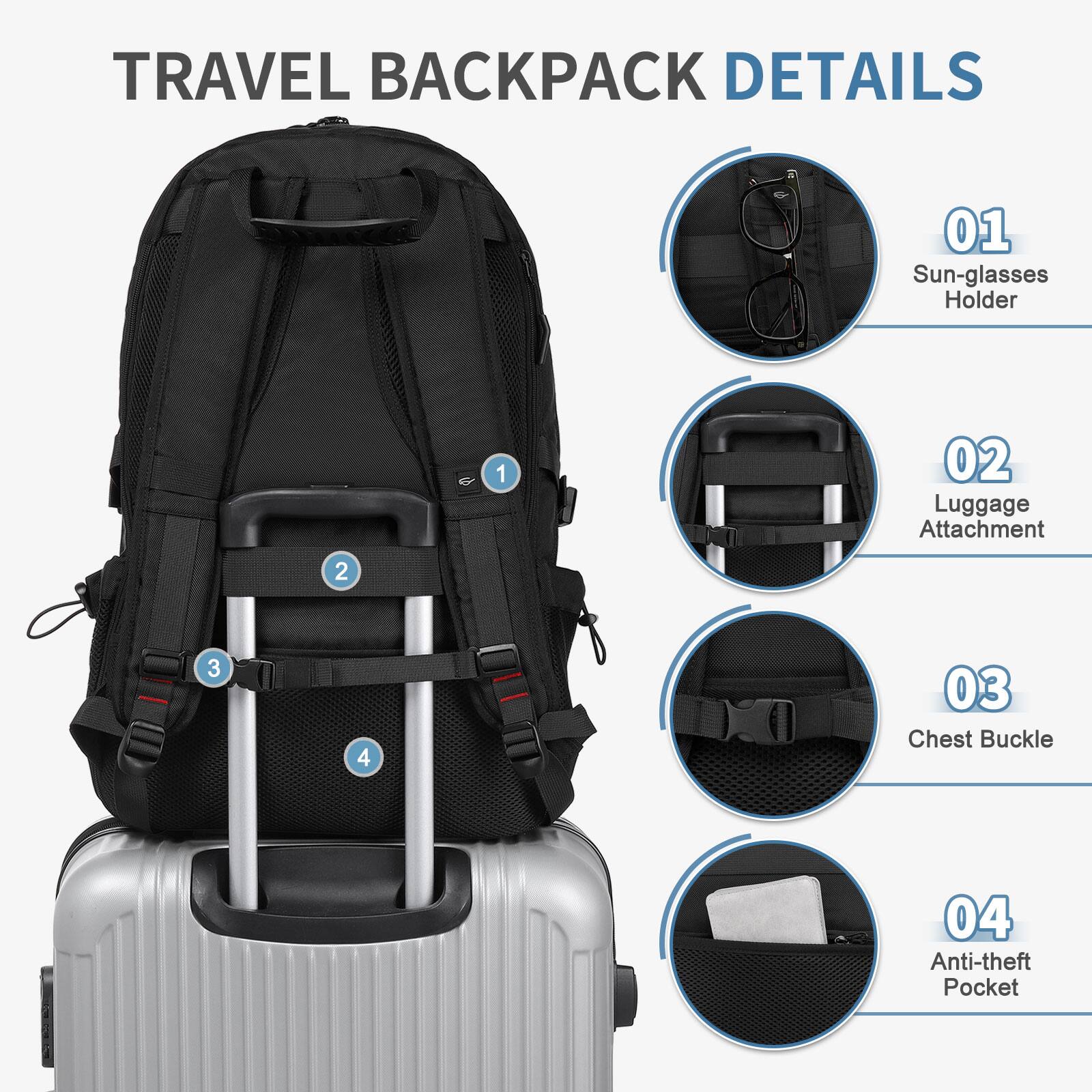 TRAVEL BACKPACK DETAILS

01 Sun-glasses Holder  
02 Luggage Attachment  
03 Chest Buckle  
04 Anti-theft Pocket