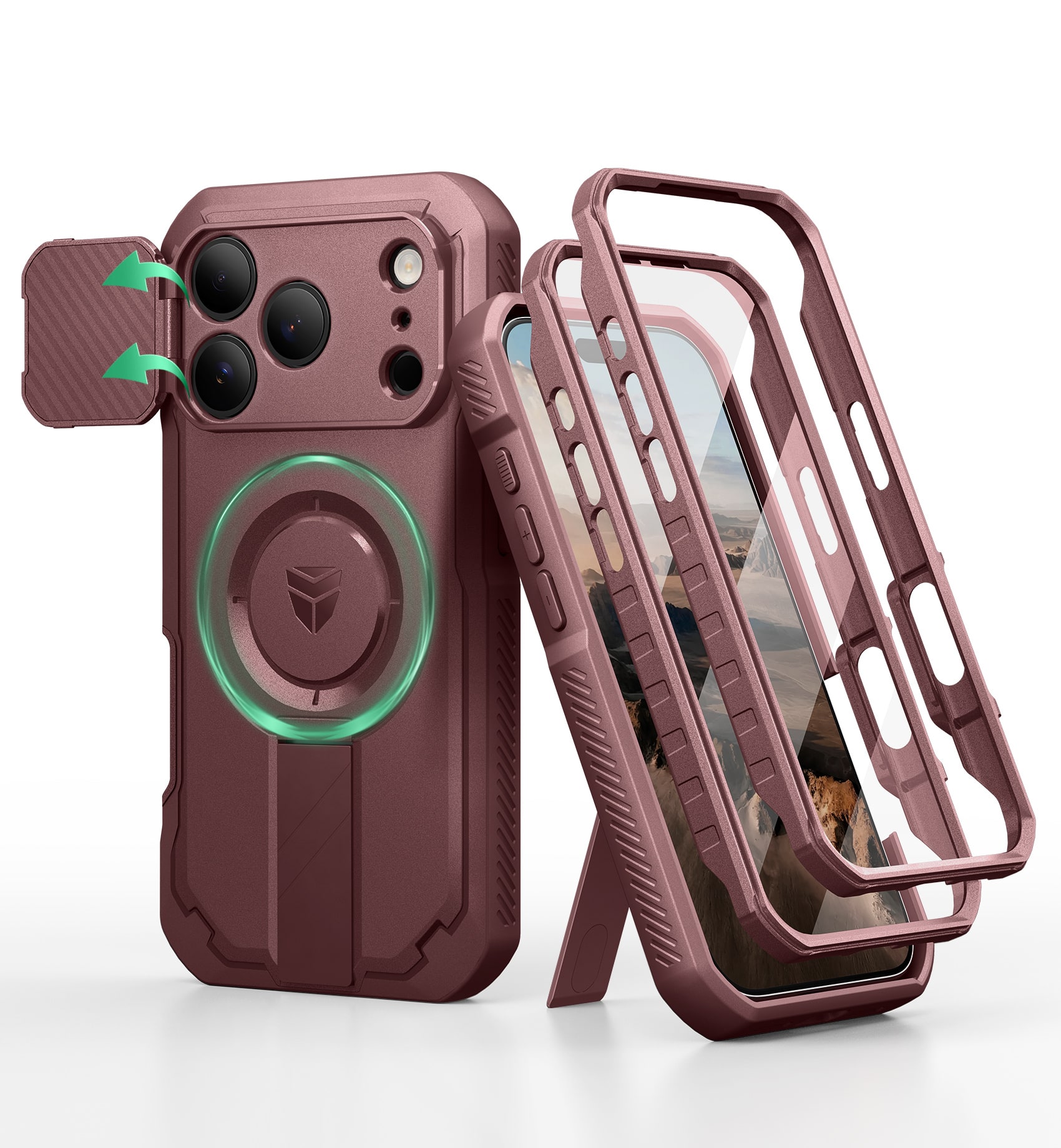 dexnor - iPhone 17 Pro Case: 2 Front Frames, Flip Cam Cover, Kickstand, Mag,Screen Protector, 6.3in - Maroon Red price history on PriceWatchPro