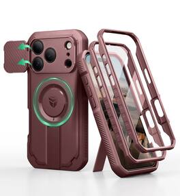 Dexnor - for iPhone 17 Pro Case with 2 Front Frame, Camera Cover, Kickstand and Screen Protector, Compatible with MagSafe - Maroon Red