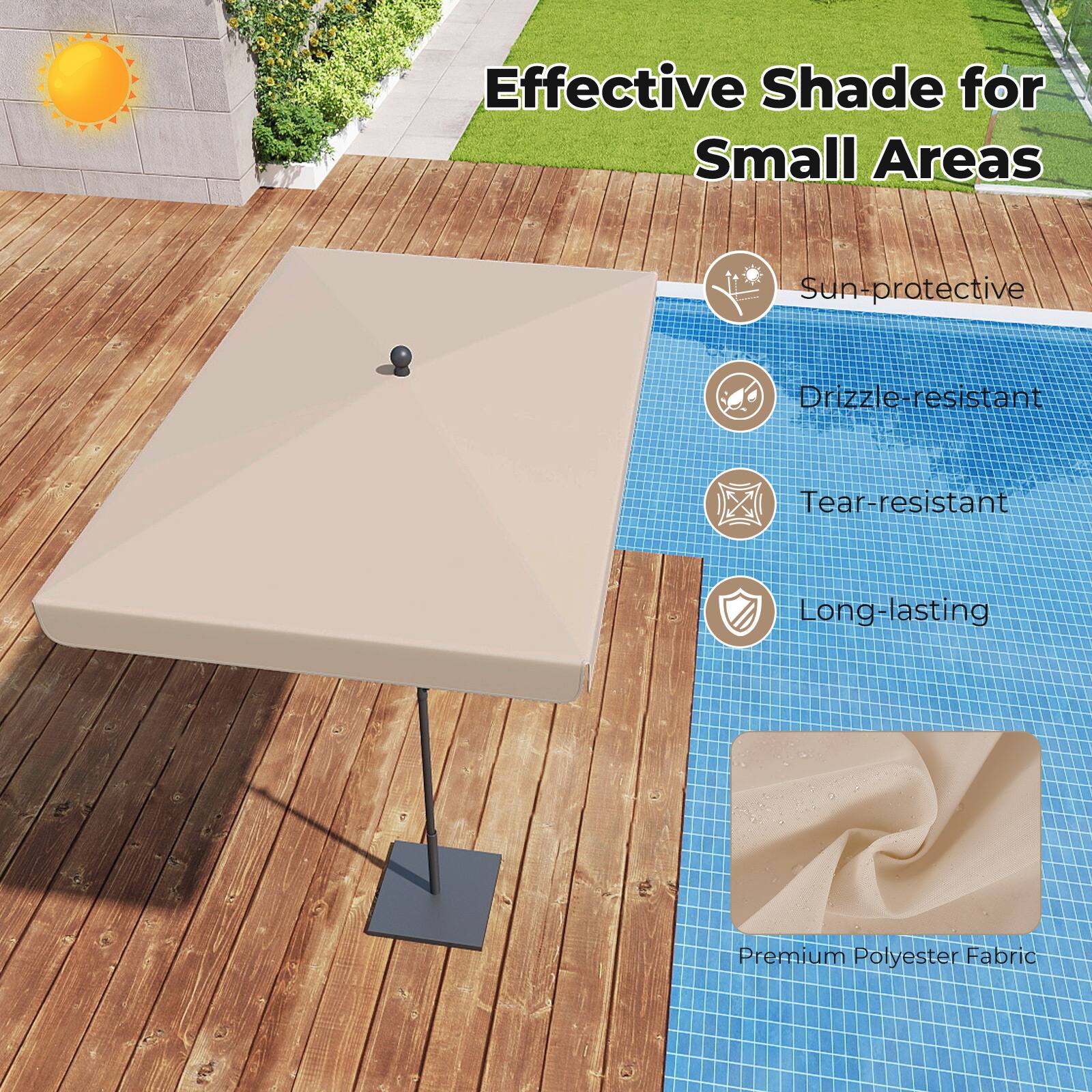 Effective Shade for Small Areas  
Sun-protective  
Drizzle-resistant  
Tear-resistant  
Long-lasting  
Premium Polyester Fabric