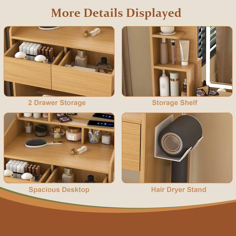 More Details Displayed

2 Drawer Storage

Storage Shelf

Spacious Desktop

Hair Dryer Stand
