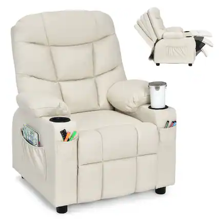 Front. Costway - Costway Kids Youth Recliner Chair PU Leather w/Cup Holders & Side Pockets - Beige.