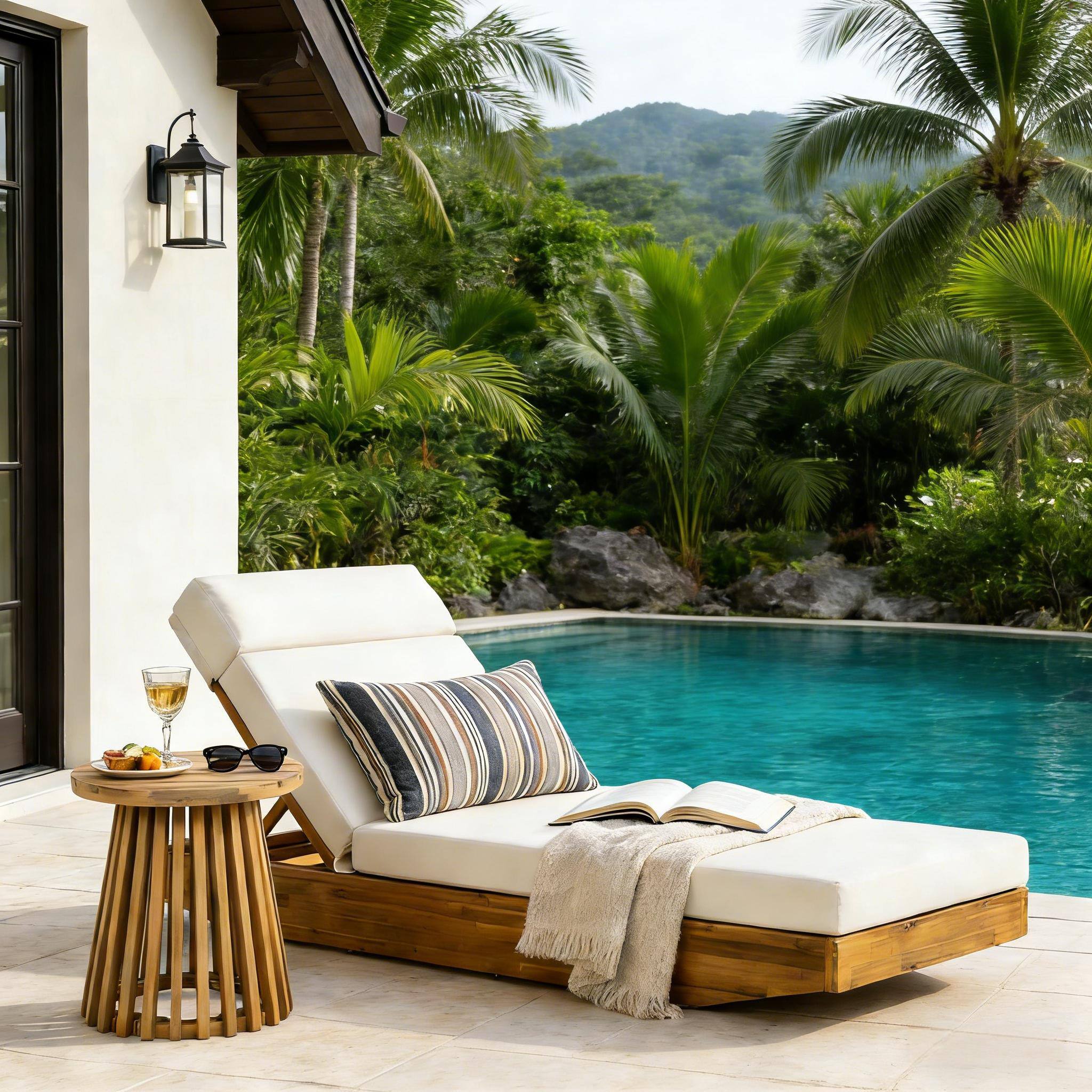 Angle. Anysun - Assembly Foldable Design Modern Acacia Wood Outdoor Chaise Lounge with Water-Repellent Cushion, Integrated Headrest - Cream.