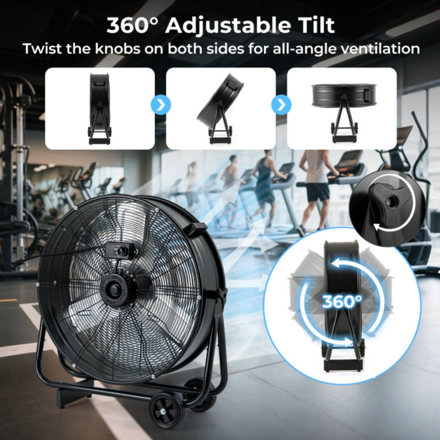 360° Adjustable Tilt  
Twist the knobs on both sides for all-angle ventilation