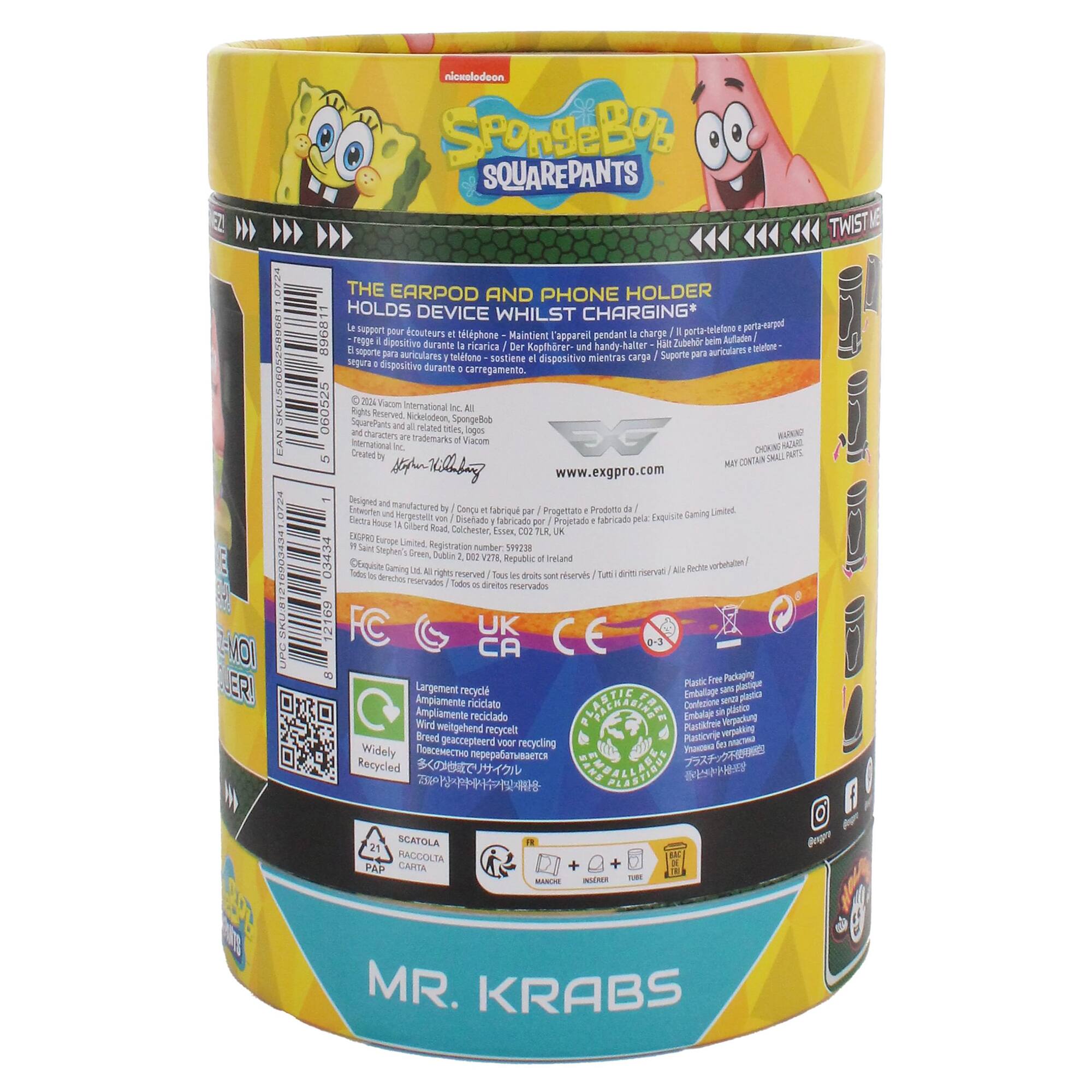The image features a SpongeBob SquarePants container that holds an earpod and phone holder. The container is designed to keep the device secure while it is charging. The product is made by Explore Gaming and is available in the UK. The container is also designed to be environmentally friendly, as it is made from recycled materials.