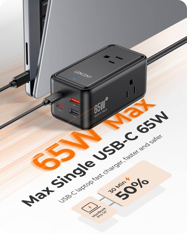 LENCENT 65W GaN III Tech Max 65W USB-C charger, faster and safer. Max Single USB-C 65W. USB-C laptop fast charger, faster and safer. 30 Min 50% Max. MacBook Pro 14".