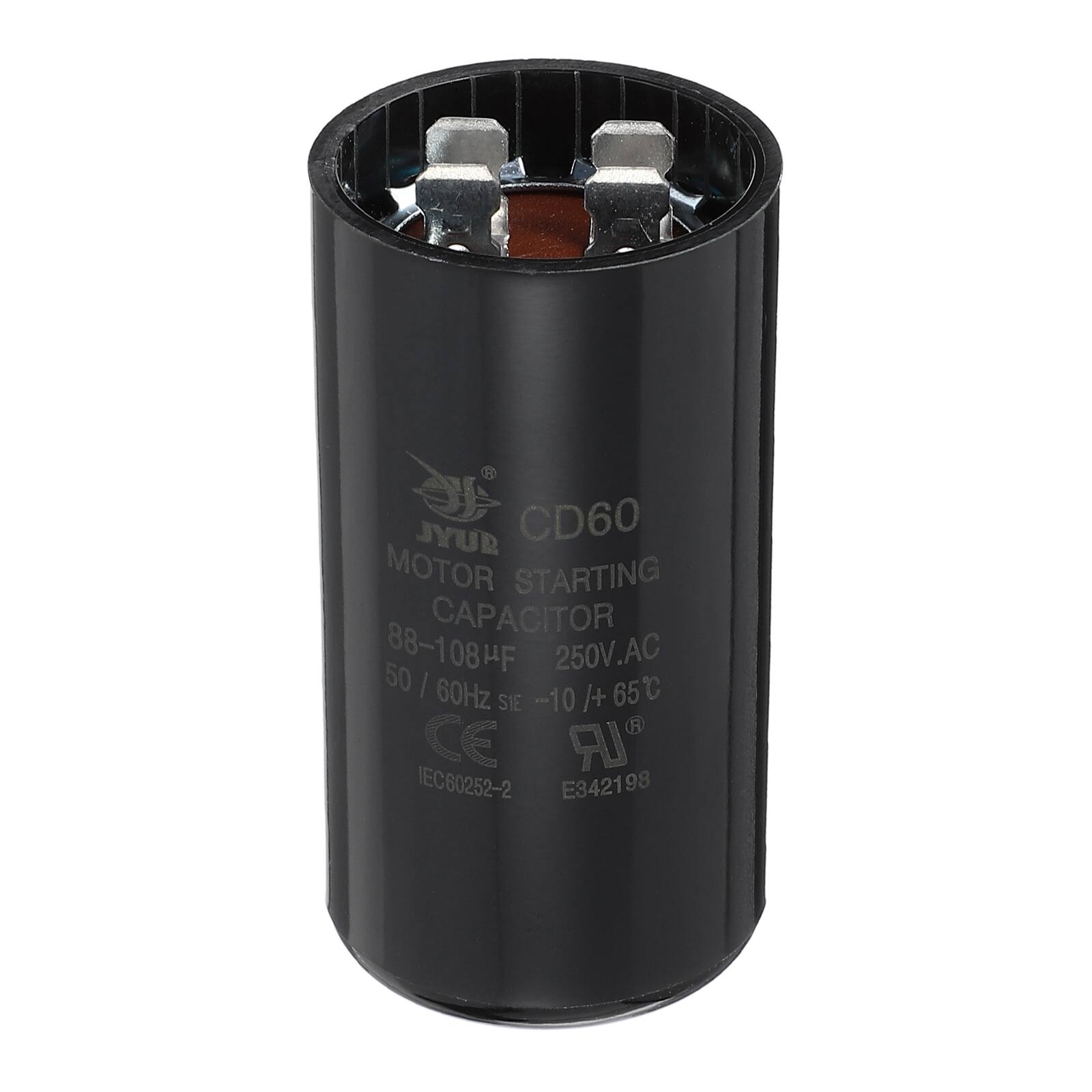 JYUR CD60 MOTOR STARTING CAPACITOR 88-108µF 250V.AC 50/60Hz 65°C SIE -10 + CE IEC60252-2 E342198