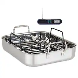 Viking - 3-Ply Stainless Steel Roasting Pan with Rack and Bonus Thermometer - Silver