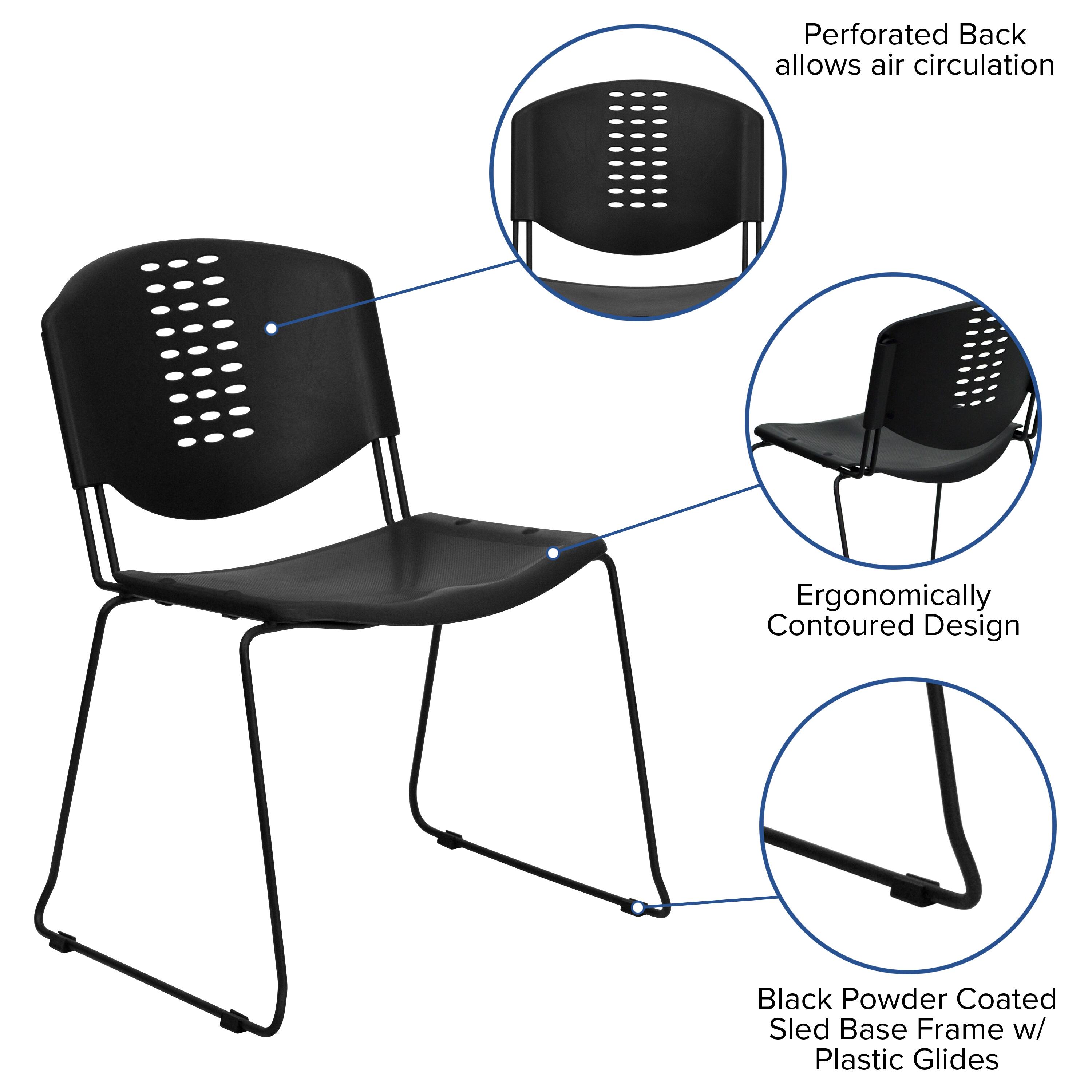 Perforated Back allows air circulation  
Ergonomically Contoured Design  
Black Powder Coated Sled Base Frame w/ Plastic Glides
