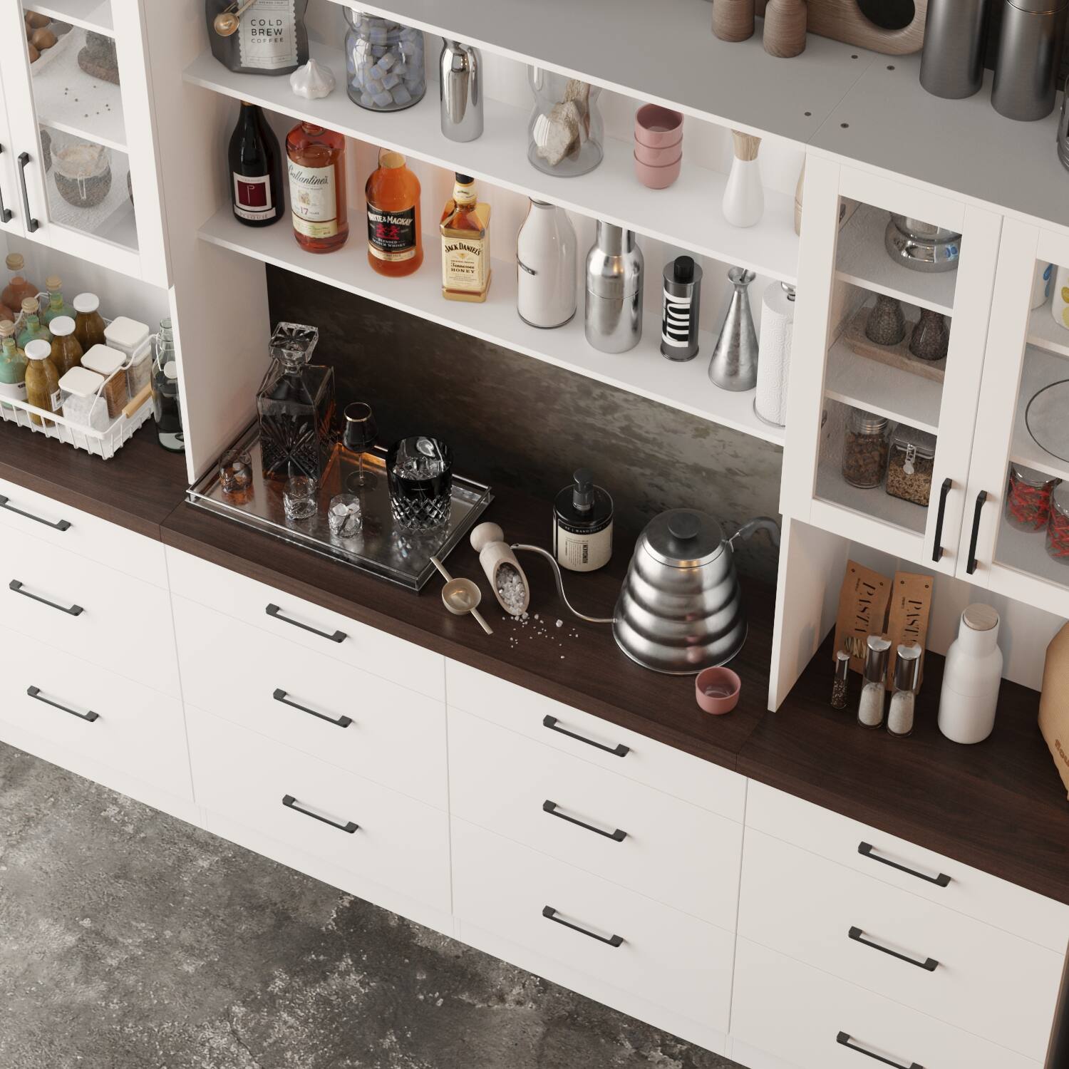 The text on the image reads "COLD BREW ... I udid W PACKE Vde DNA HAR ada PASTA PIST." However, the text appears to be unrelated to the image, which features a kitchen counter with various items such as bottles, cups, and a spice rack. It is not possible to group or correct the text based on the image content.