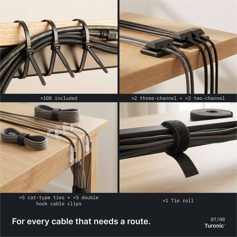 x100 included  
x2 three-channel + x2 two-channel  
x5 cat-type ties + x5 double hook cable clips  
x1 Tie roll  

For every cable that needs a route.  

07/08  
Turonics