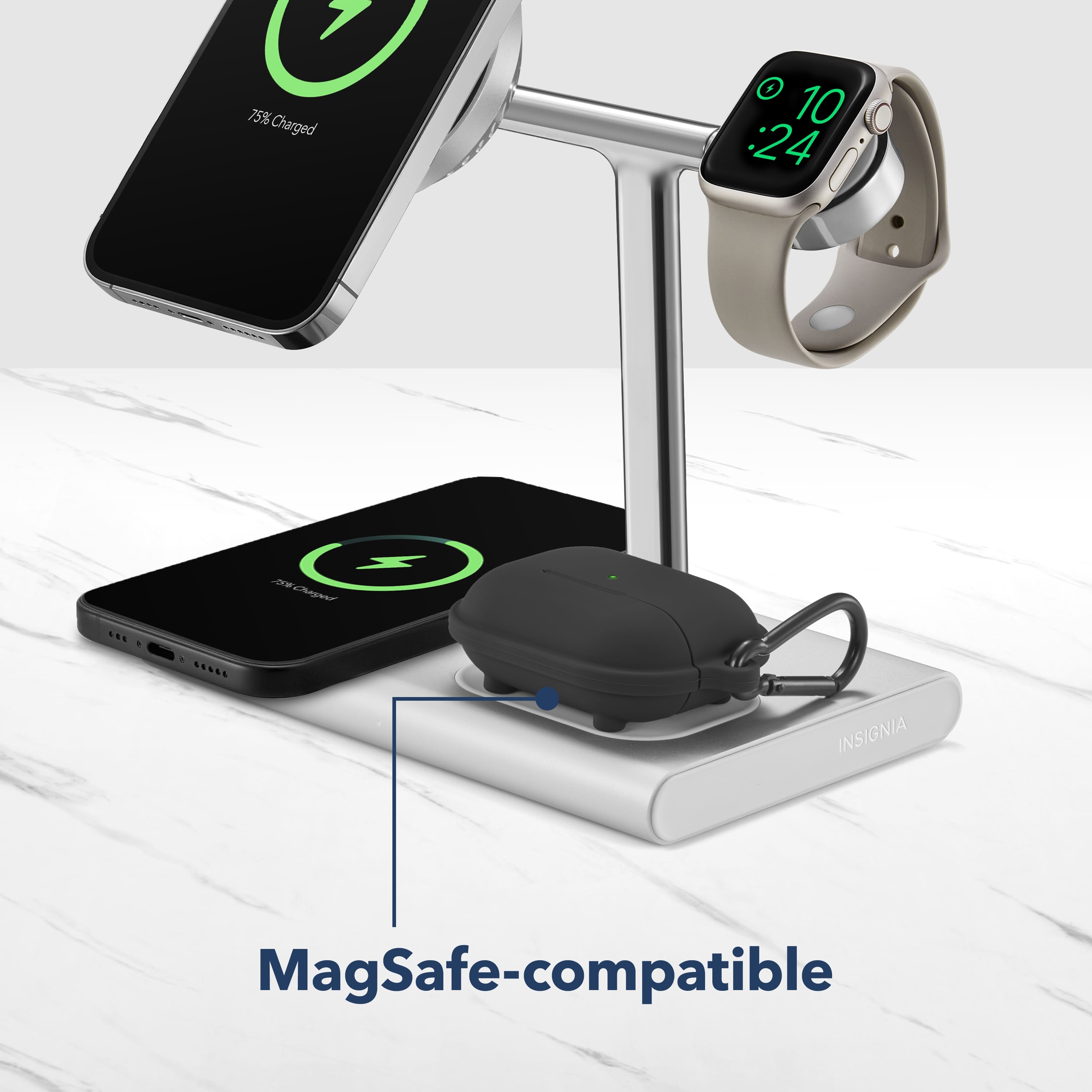The text on the image reads: "75% Charged O 10:24 3 JO n ... SESSE INSIGNIA MagSafe-compatible."