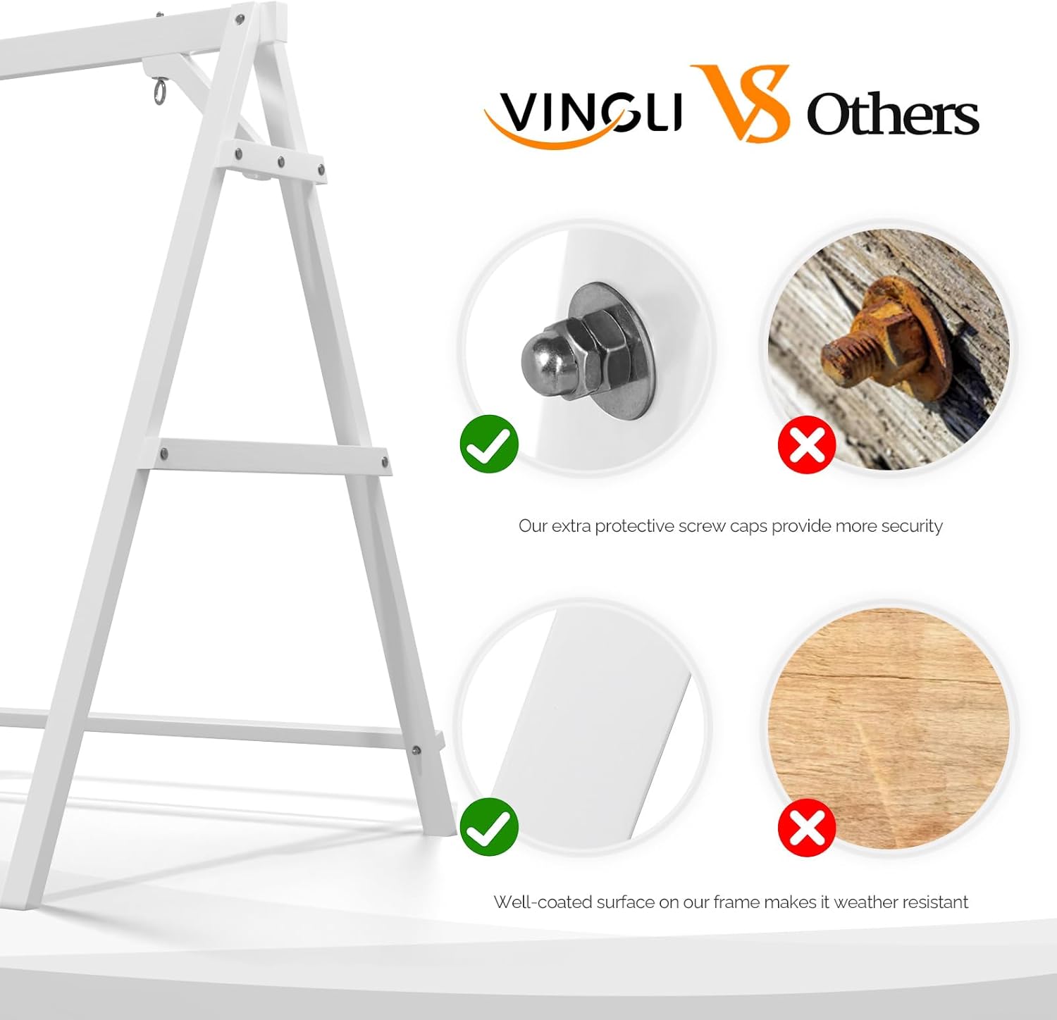 VINGLI VS Others

- Our extra protective screw caps provide more security
- Well-coated surface on our frame makes it weather resistant