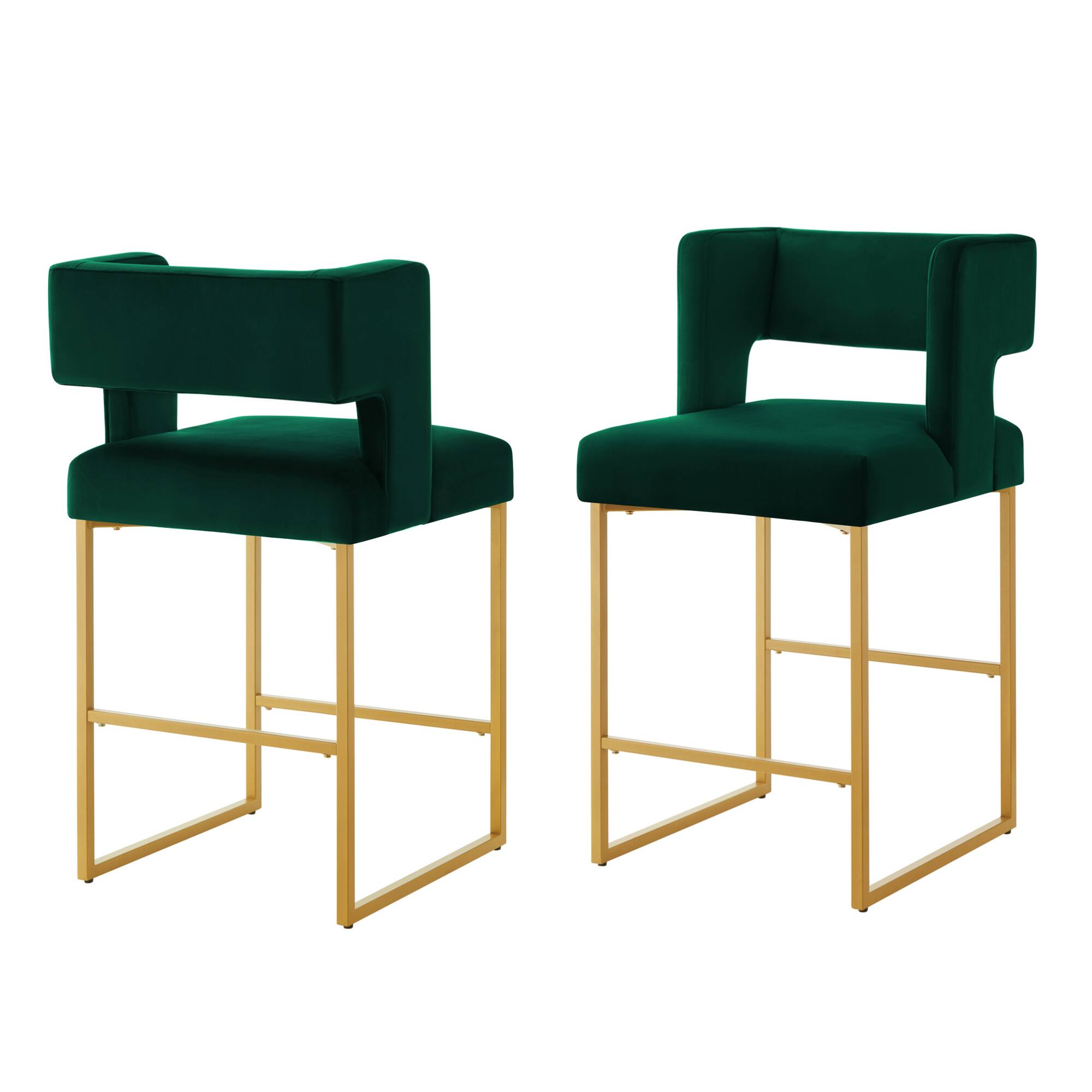 Angle. GOODSILO - Contemporary Square Backrest Counter Height Bar Stools Set of 2 with Sturdy Metal Legs for Kitchen Islands - Emerald.