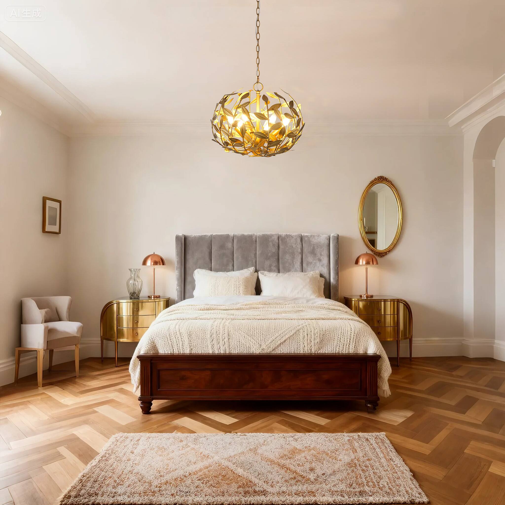 Left. Parrot Uncle - 20" Modern 6-Light Gold Chandelier with Leaf Metal Shade - Gold.