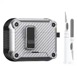 Dteck - Rugged Case for Airpods 4 (2024) Heavy Duty Drop Protective Magnetic Lock Cover With Keychain + Clean Kit Pen - Silver