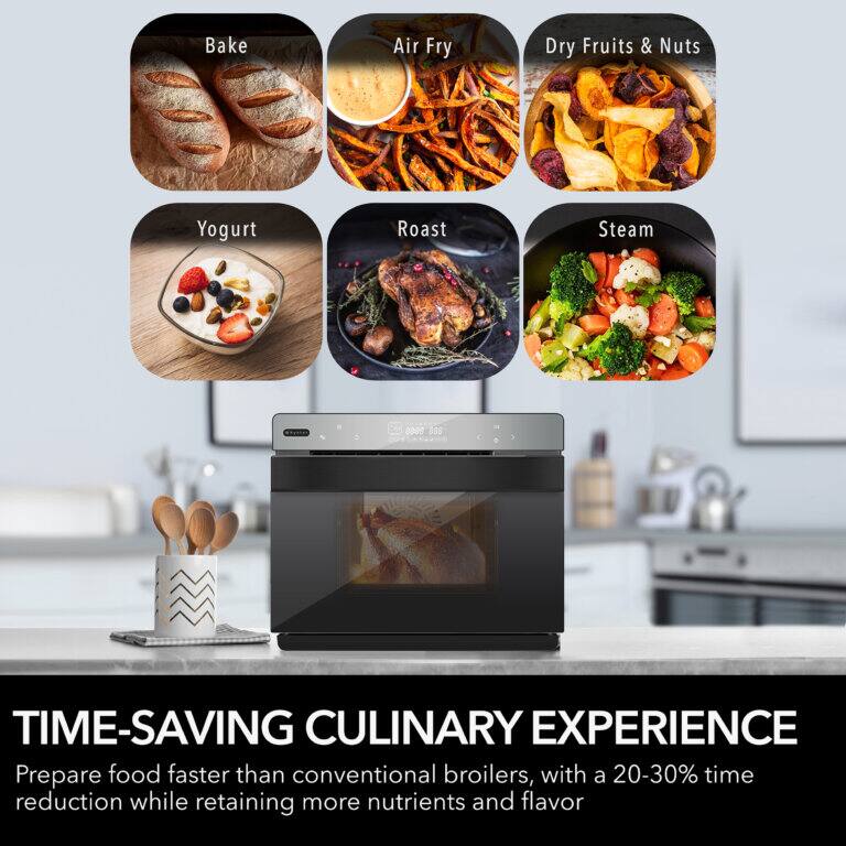 **TIME-SAVING CULINARY EXPERIENCE**

Prepare food faster than conventional broilers, with a 20-30% time reduction while retaining more nutrients and flavor.

- Bake
- Air Fry
- Dry Fruits & Nuts
- Yogurt
- Roast
- Steam