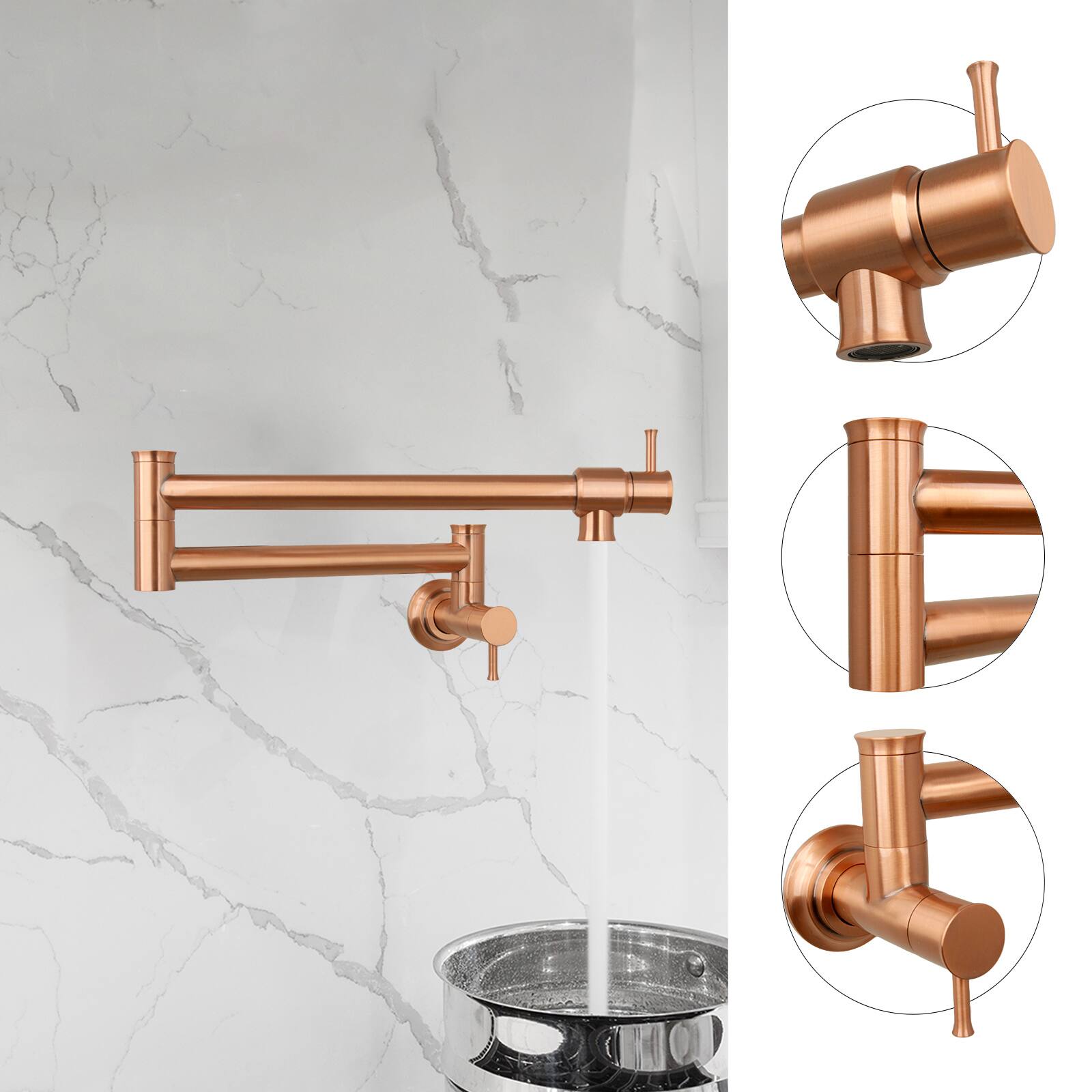 Alt View 2. Akicon - Akicon Solid Brass Wall-Mounted Pot Filler Kitchen Faucet with Double Joint Swing Arms for Stovetop in Copper - Copper.