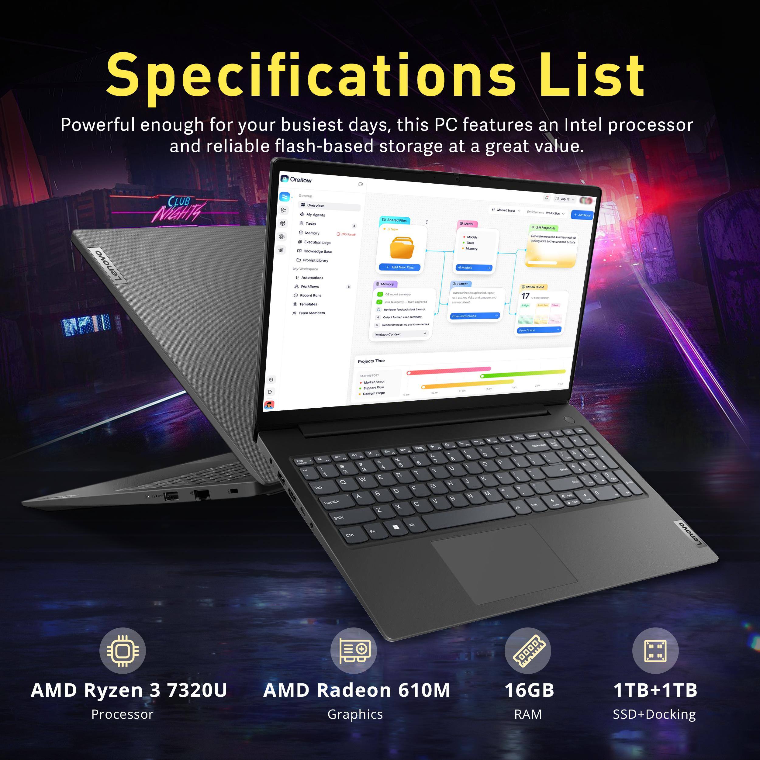 Specifications List  
Powerful enough for your busiest days, this PC features an Intel processor and reliable flash-based storage at a great value.

Lenovo  
AMD Ryzen 3 7320U Processor  
AMD Radeon 610M Graphics  
16GB RAM  
1TB+1TB SSD+Docking