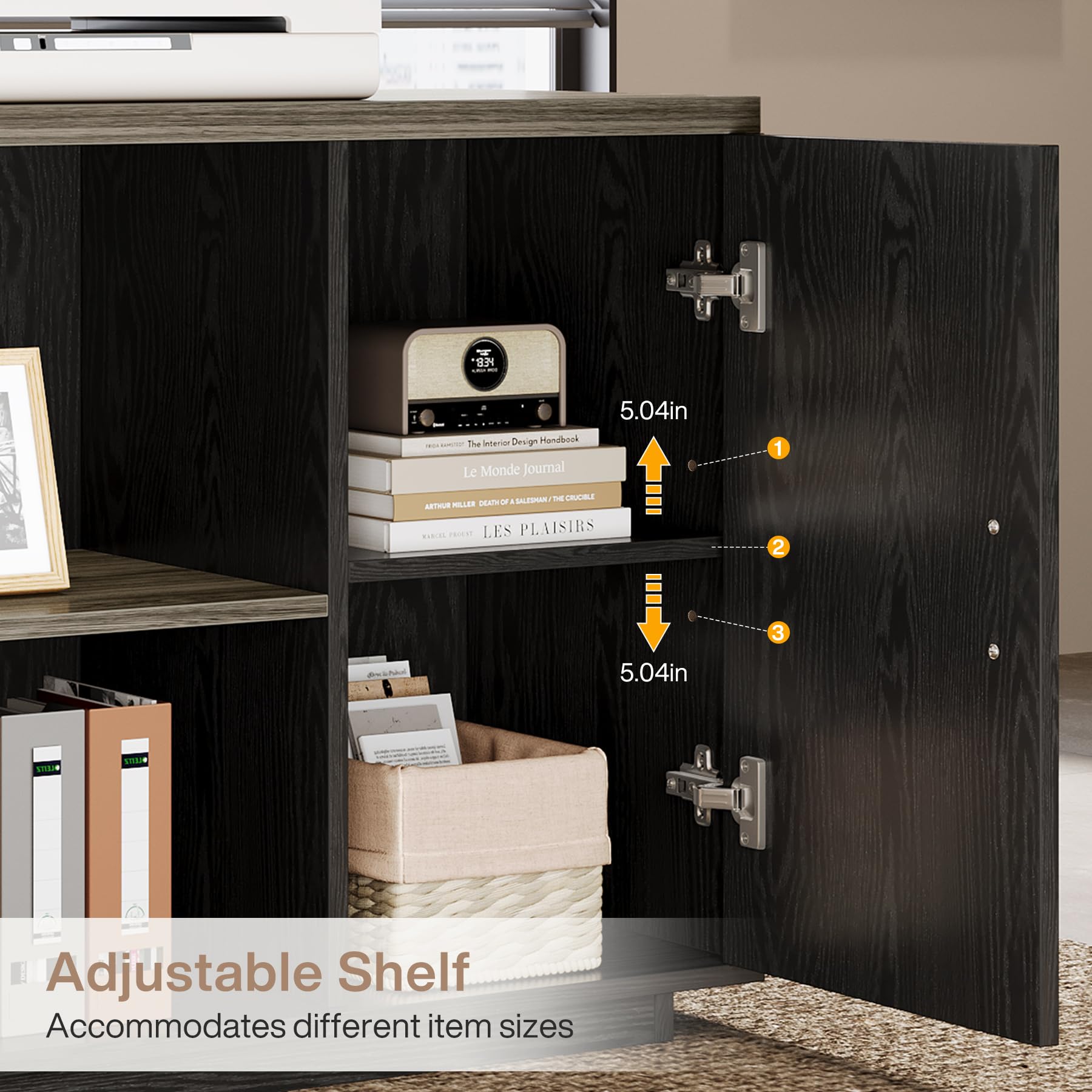834  
The Interior Design Handbook Le Monde Journal  
5.04in  
1  
SALTS MAN THE CRUCELE ARTHUR MILLER DEATH OF A SALESMAN LES PLAISIRS  
2  
3  
Pakes  
5.04in  
STEAK  
STELIO  
Adjustable Shelf Accommodates different item sizes