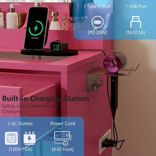 1. Type-C Port
2. 1 USB Port
3. [PD 20W] [5V/2.1A]
4. 7:29
5. Built-in Charging Station
6. Safety and Convenience for Charging
7. 2 AC Outlets
8. Power Cord
9. [120V/12A] [4.92 Foot]