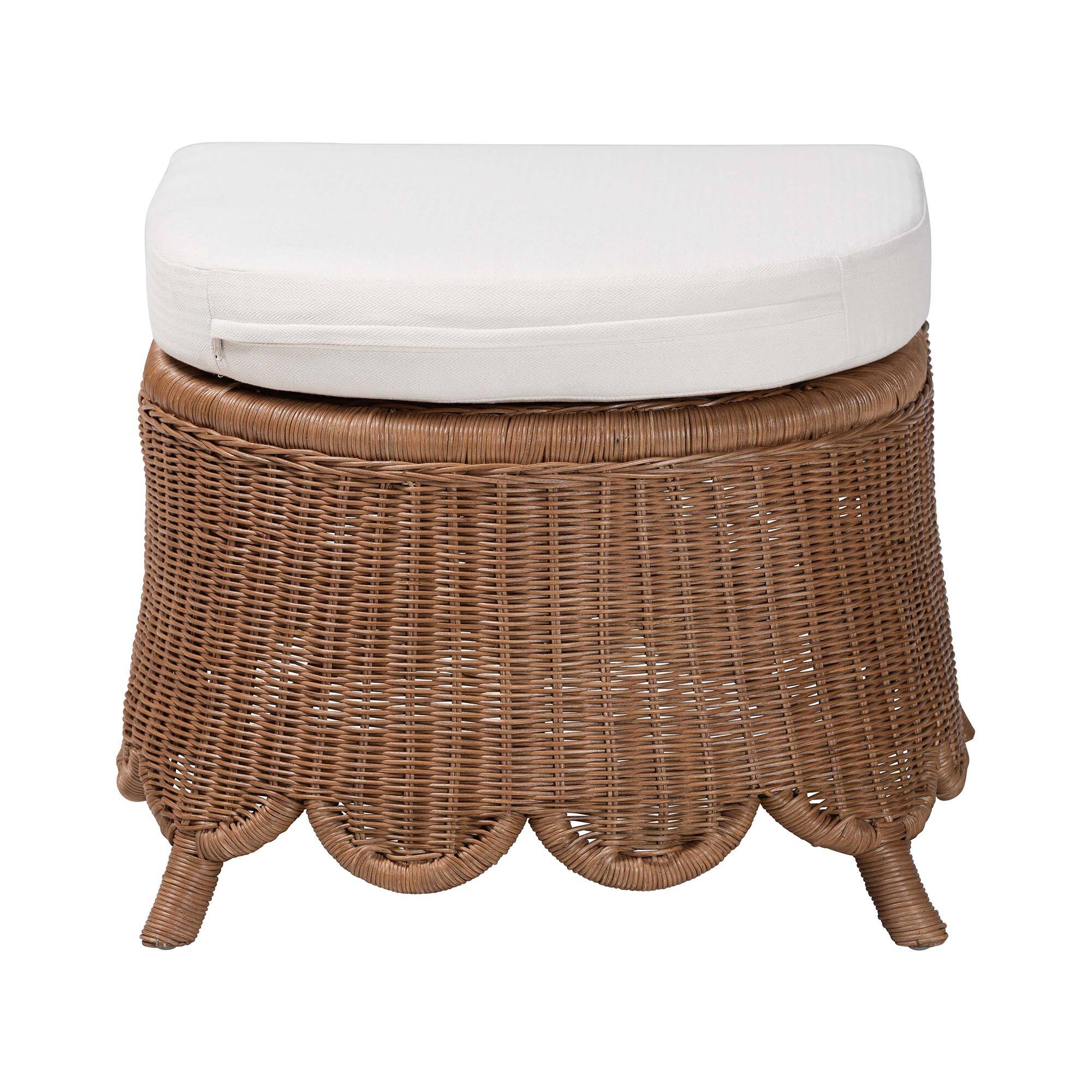 Angle. bali & pari - Detta Natural Rattan Footstool with Cushion - Handwoven Wicker Ottoman with Scalloped Skirt Base for Coastal Lounge - Peanut Brown.