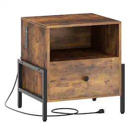 WELLFOR - Nightstand with Charging Station and Drawer - Rustic Brown