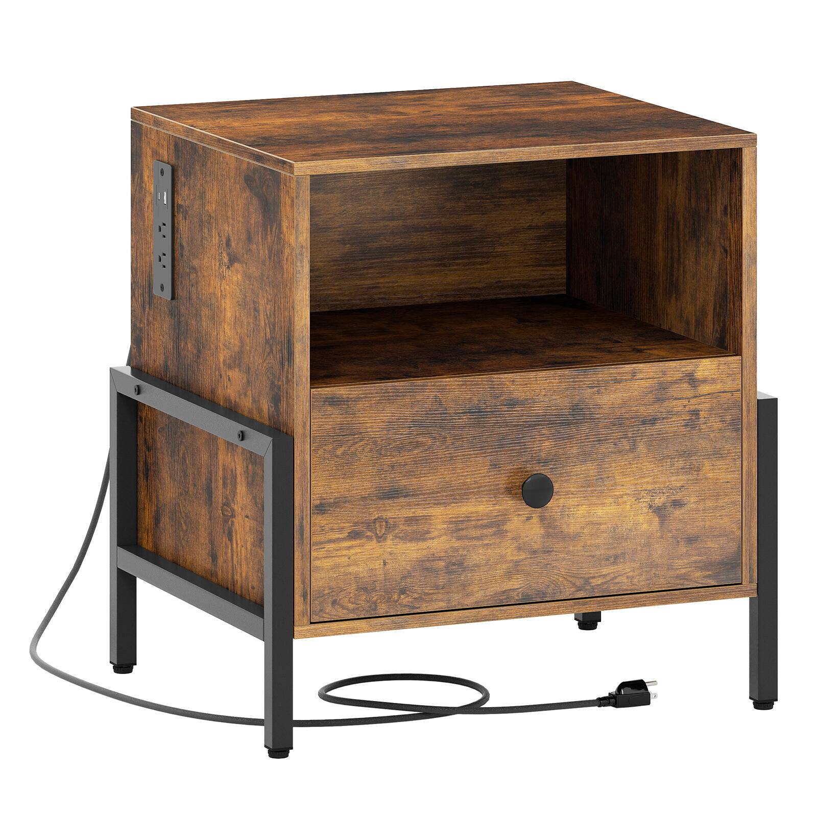 Front. WELLFOR - Nightstand with Charging Station and Drawer - Rustic Brown.