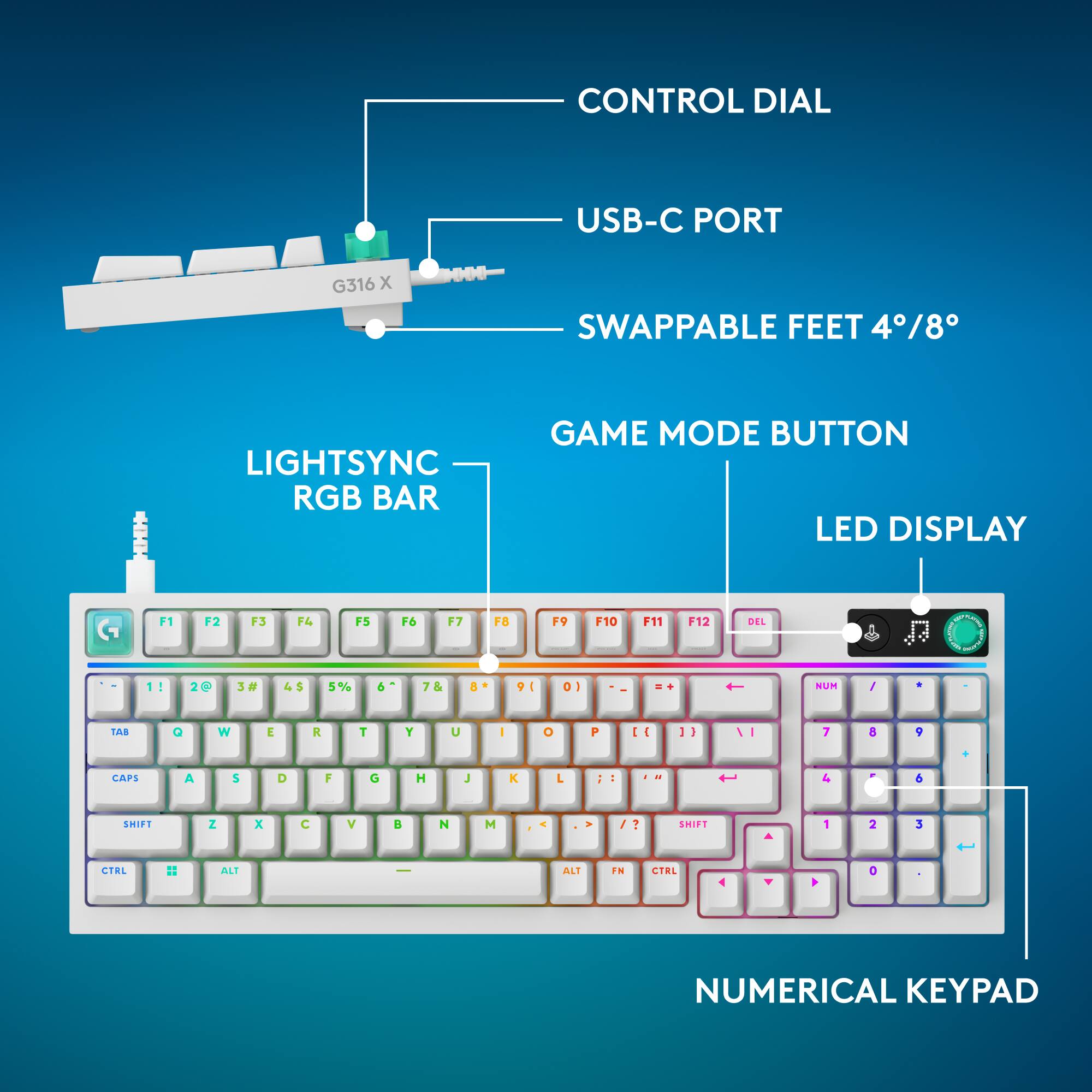CONTROL DIAL  
USB-C PORT  
G316 X  
SWAPPABLE FEET 4/8°  
LIGHTSYNC RGB BAR  
GAME MODE BUTTON  
LED DISPLAY  
F1 F2 F3 F4 F5 F6 F7 F8 F9 F10 F11 F12  
DEL  
1 ! 2 @ 3 # 4 $ 5 % 6 ^ 7 & 8 * 9 ( 0 ) - =  
TAB Q W E R T Y U I O P  
CAPS A S D F G H J K L : '  
SHIFT Z X C V B N M , . /  
CTRL ALT  
NUMERICAL KEYPAD