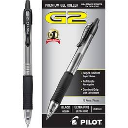 Pilot - G2 Retractable Gel Pens, Ultra Fine Point, 0.38mm, Dozen - Black Ink