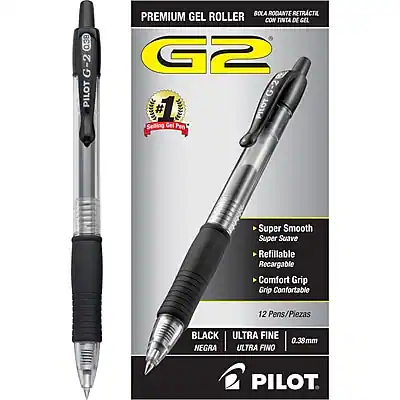 **Pilot G2 Premium Gel Roller**
- **Model:** G2
- **Type:** Ultra Fine
- **Color:** Black (Negra)
- **Tip Size:** 0.38mm
- **Features:**
- Super Smooth
- Super Suave
- Refillable
- Recargable
- Comfort Grip
- Grip Confortable
- **Packaging:** 12 Pens/Piezas
- **Brand:** Pilot
- **Additional Info:** Ultra Retractable with Gel Ink (Bola Retráctil con Tinta de Gel)