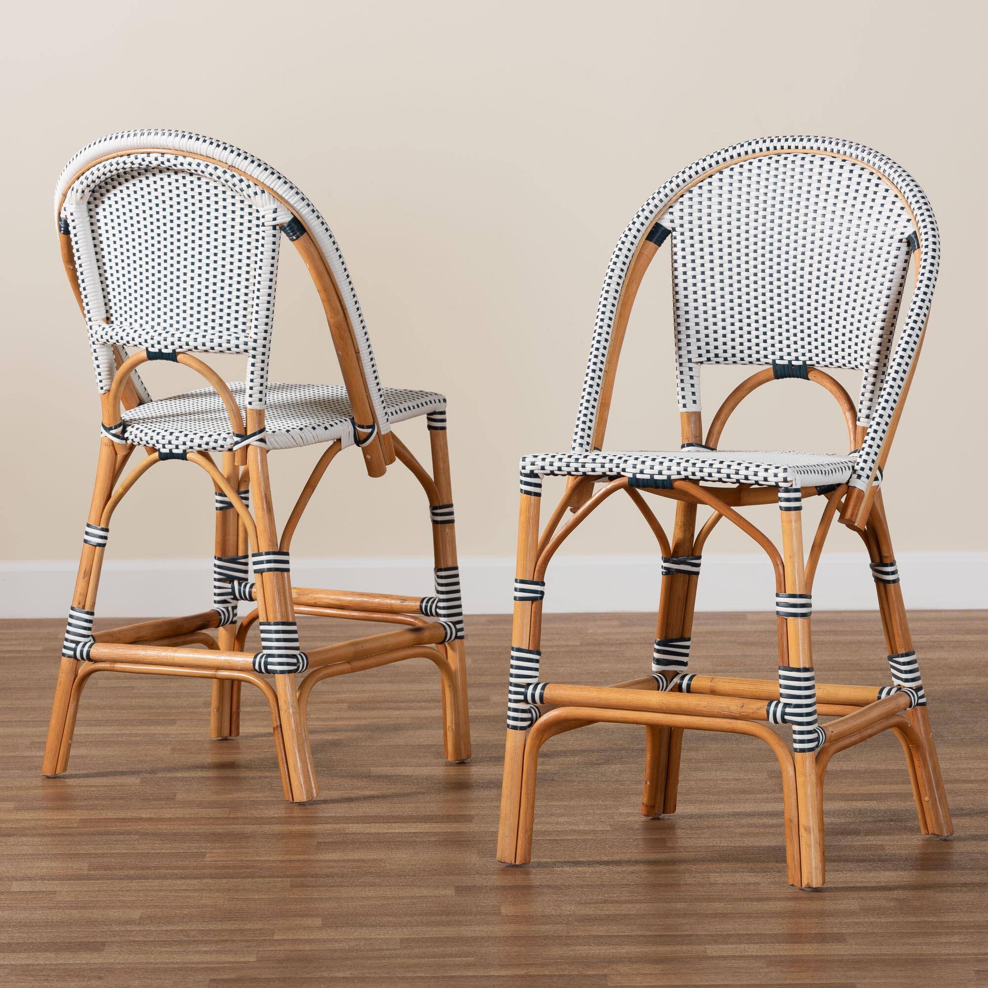 Alt View 4. bali & pari - Genica Classic French Weaving and Natural Rattan 2-Piece Counter Stool Set - Navy Blue/White/Natural Rattan.