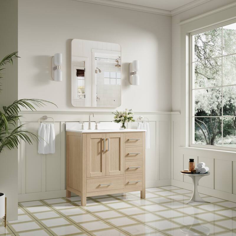 Angle. WELLFOR - 36 in Bathroom Vanity with Sink, Freestanding Solid Wood Bathroom Cabinet with 2 Soft-Close Doors& 5 Soft-Close Drawers - Oak.