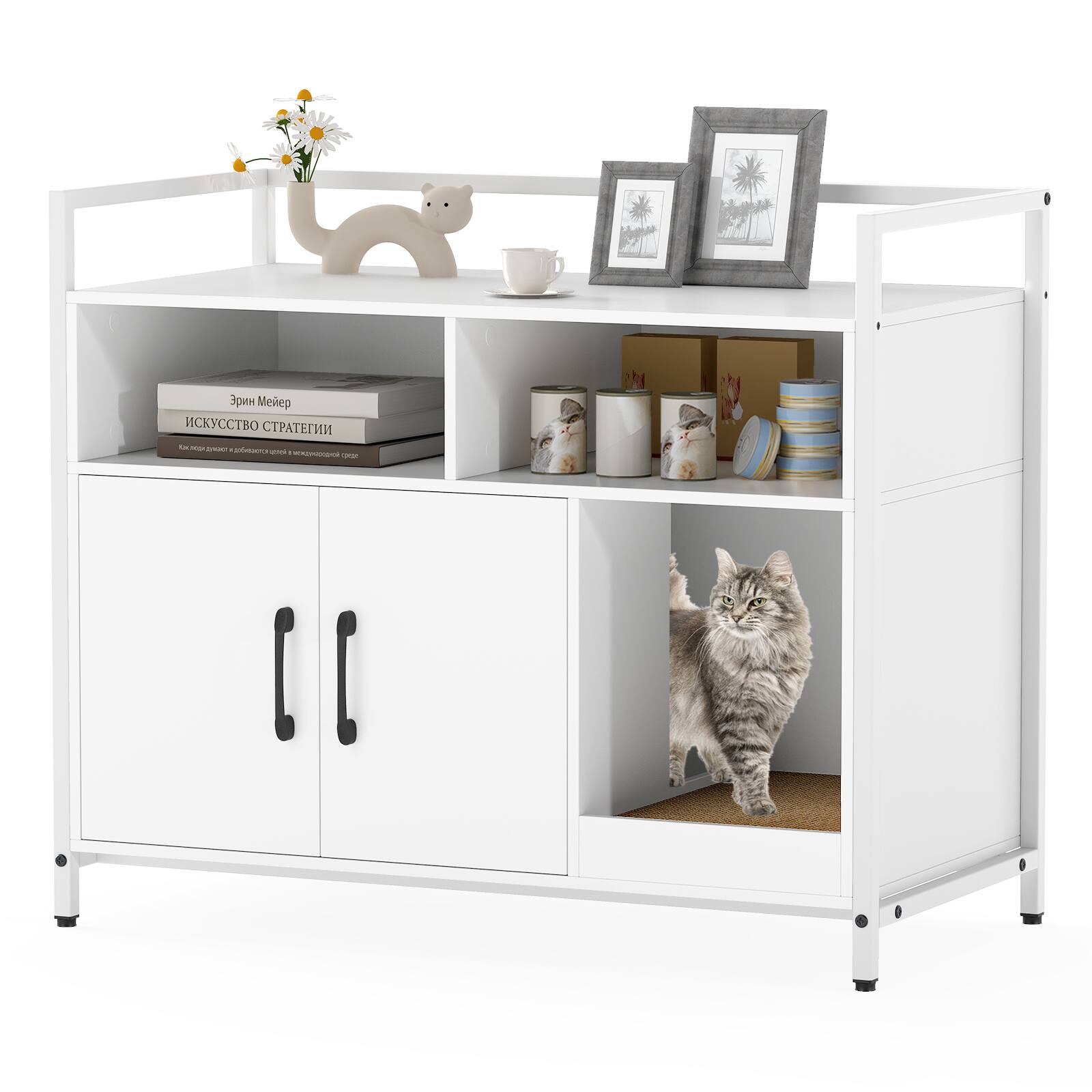 Front. Gymax - Gymax Cat Litter Box Enclosure w/ Storage Compartments Removable Scratching Board White - White.