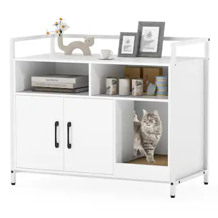 Front. Gymax - Gymax Cat Litter Box Enclosure w/ Storage Compartments Removable Scratching Board White - White.